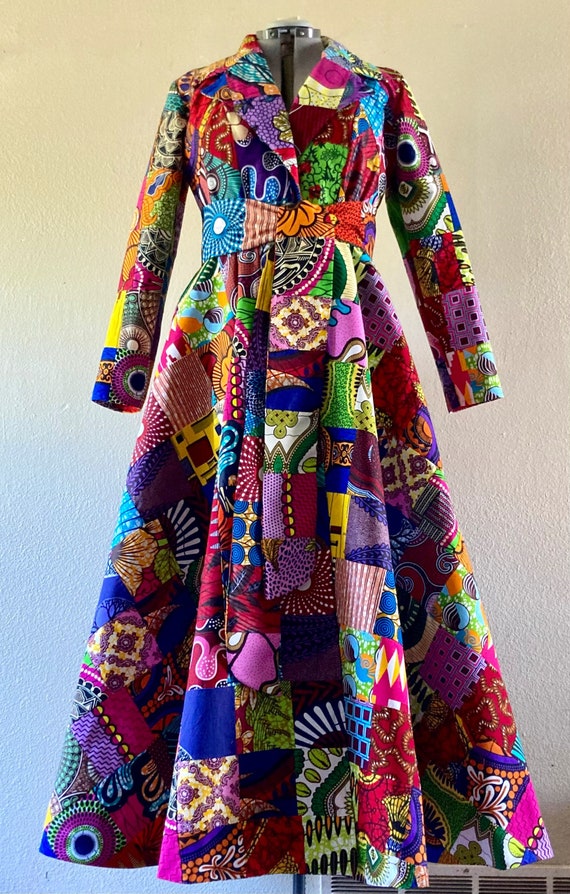 African Print Patchwork Floor Length Lapel Coat Dress 100 Cotton With Pockets and Belt Lined