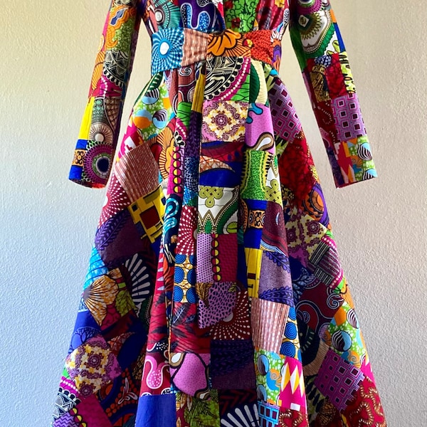 African Print Patchwork Floor Length Lapel Coat Dress 100% Cotton With Pockets and Belt Lined