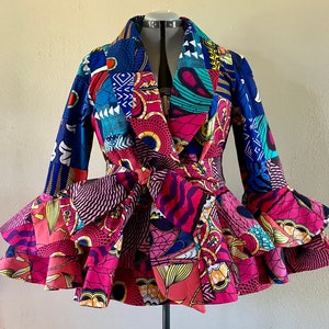 Candy African Print Patchwork Double Peplum Jacket With Flounce Sleeves, Pockets, and Tie Belt Fully Lined 100% Cotton