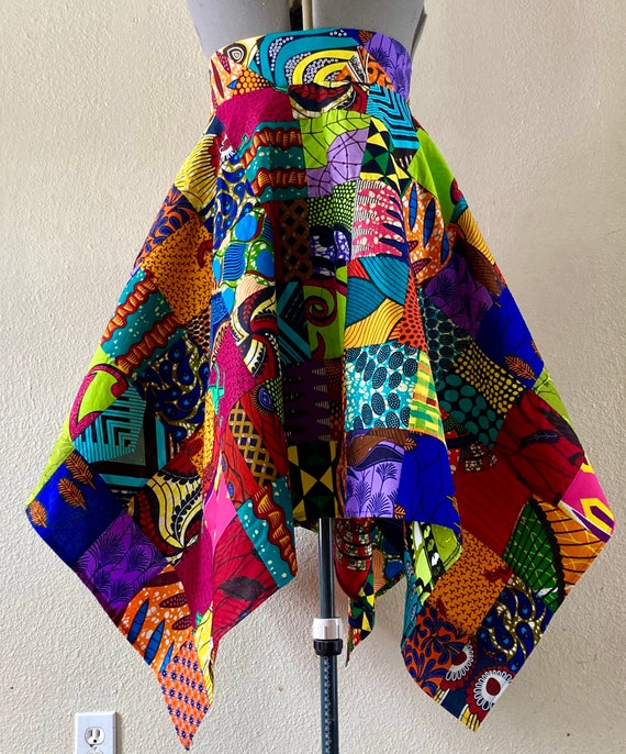Unique African Print Handmade Patchwork High Waist Asymmetric Handkerchief Skirt With Pockets Zips in Back