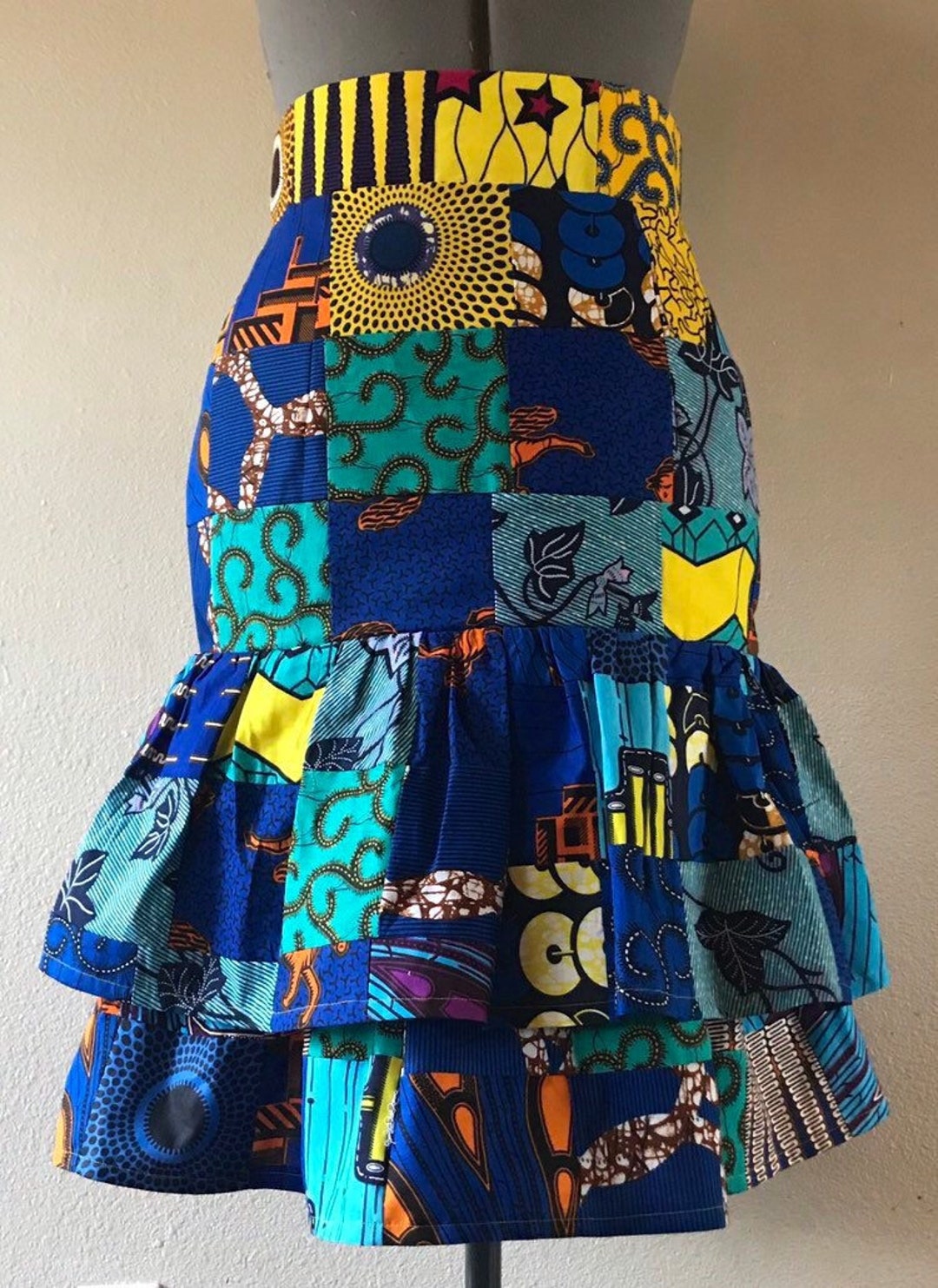 African Print Patchwork Ruffled Pencil Skirt High Waist 100 Cotton Lined Uou Choose Colors Etsy Canada