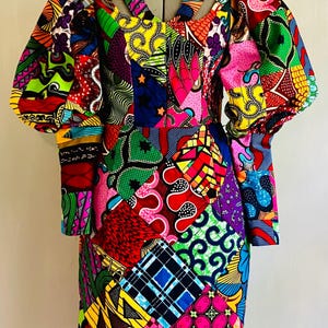 The Rachel African Wax Print Genuine Handmade Patchwork Pencil Dress With Long Puffy Sleeves, and Patchwork Sash 100% Cotton