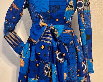 African Print Patchwork Maxi Dress: Handmade Cotton Cold Shoulder Sash