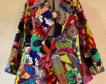 African Wax Print Patchwork Swing Jacket: Lined Cotton Fall Coat