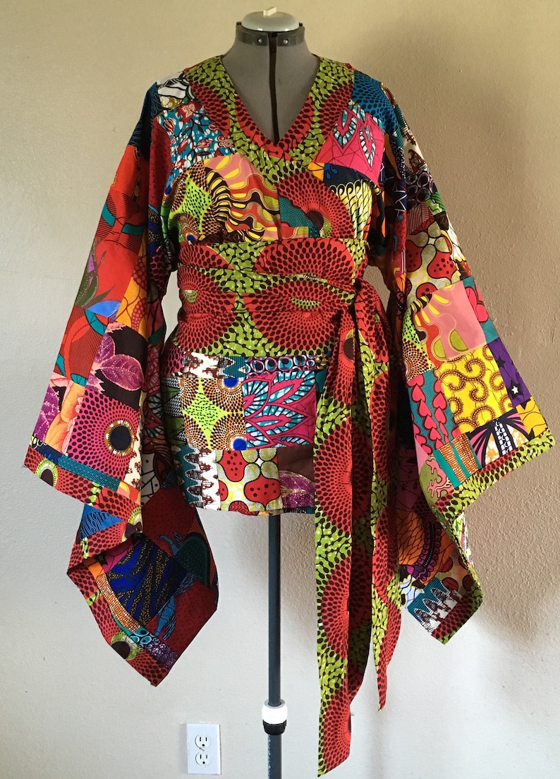 African Wax Print Patchwork Kimono Wrap Top With Wide Belt 100/% Cotton