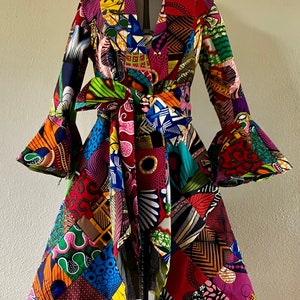 African Print Patchwork Coat Dress high low With Flare Sleeves, Pockets and Reversible Patchwork Tie Belt Fully Lined 100% Cotton image 4