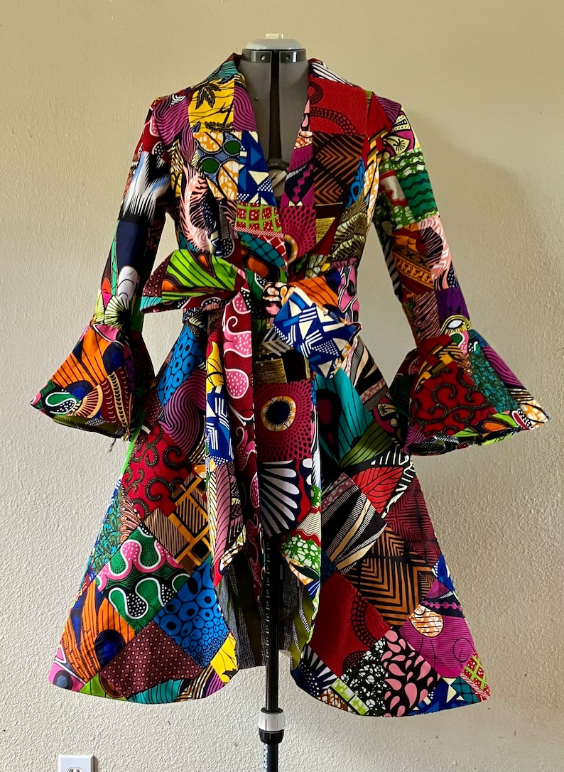 African Print Patchwork Coat Dress high low With Flare Sleeves, Pockets and Reversible Patchwork Tie Belt Fully Lined 100% Cotton image 4