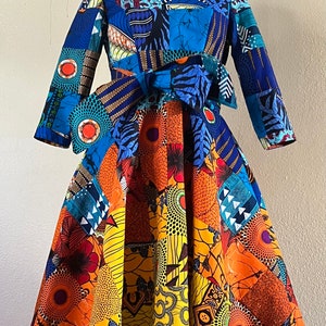 African Print Genuine Patchwork Boatneck Midi Length Dress 3/4 Sleeves With Pockets and Patchwork Sash 100% Cotton