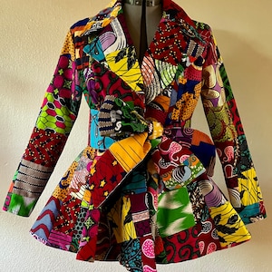 African Print Patchwork Peplum Jacket With Pockets and Tie Belt Fully Lined 100% Cotton