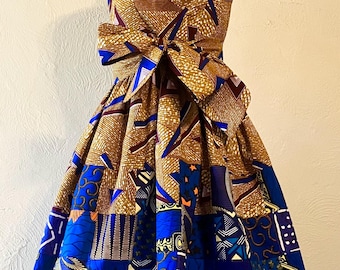 Earth and Sky Mixed African Print Handmade Patchwork Sleeveless Knee Length Dress With Pockets and Sash 100% Cotton Tan and Blue Patchwork