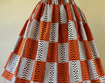 Beautiful African Wax Print High Waisted Skirt Fit and Flare With Pockets 100% Cotton Orange White Black Geometric Print