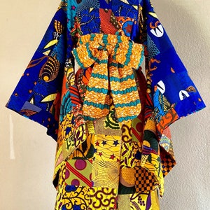 Nichibotsu African Print Handmade Patchwork Kimono Sleeve Duster With Pockets and Tie Belt 100% Cotton Genuine Patchwork