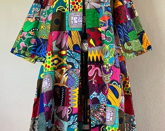 Casual African Print Handmade Patchwork Duster Ankle Length Flared Sleeves and Side Pockets Unlined