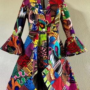 African Print Patchwork Coat Dress high low With Flare Sleeves, Pockets and Reversible Patchwork Tie Belt Fully Lined 100% Cotton image 5