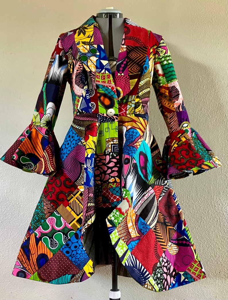 African Print Patchwork Coat Dress high low With Flare Sleeves, Pockets and Reversible Patchwork Tie Belt Fully Lined 100% Cotton image 5