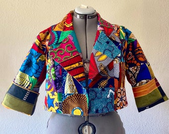 African Print Handmade Patchwork Crop Jacket Fully Lined 100% Cotton