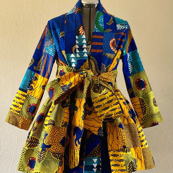 Glory African Wax Print Handmade Patchwork Jacket with Pockets and Scarf Lapels 100% Cotton Blues Yellows