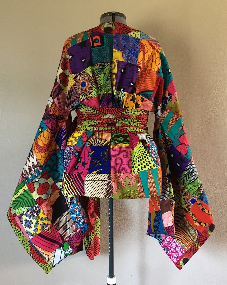 African Wax Print Patchwork Kimono Wrap Top With Wide Belt 100/% Cotton