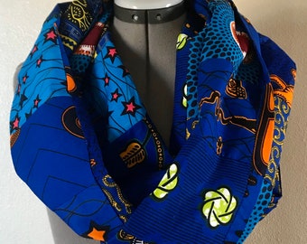 Election Day Blue Patchwork Large African  Print 100% Cotton Infinity Scarf Patchwork 8ft Loop!