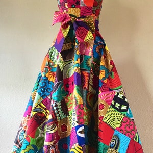 Brilliant African Print Patchwork High Waist A Line Maxi Dress With Pockets and Sash Multi Color handmade 100% cotton