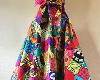 Brilliant African Print Patchwork High Waist A Line Maxi Dress With Pockets and Sash Multi Color handmade 100% cotton