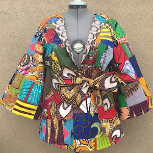 Giacca patchwork stampata in cera africana fatta a mano completamente foderata con cintura opzionale 100% cotone