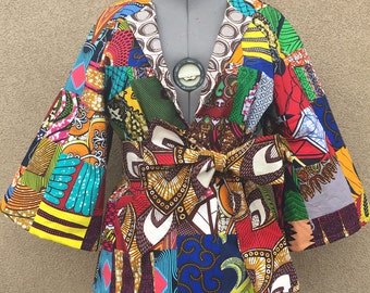 Chaqueta hecha a mano con patchwork y estampado de cera africana, totalmente forrada con cinturón opcional, 100 % algodón
