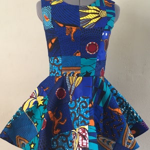 Sleeveless African Wax Print Patchwork Peplum Shirt 100% Cotton Blues