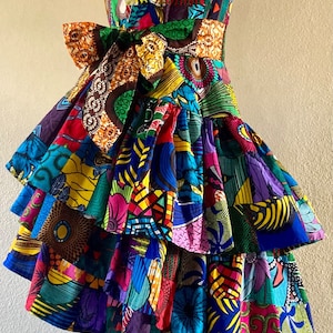 Gorgeous and Unique African Wax Print Handmade Patchwork Asymmetic Ruffled Tier Dress 100% Cotton