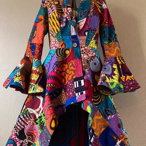 African Print Patchwork Coat Dress high low With Flare Sleeves, Pockets and Reversible Patchwork Tie Belt Fully Lined 100% Cotton image 2