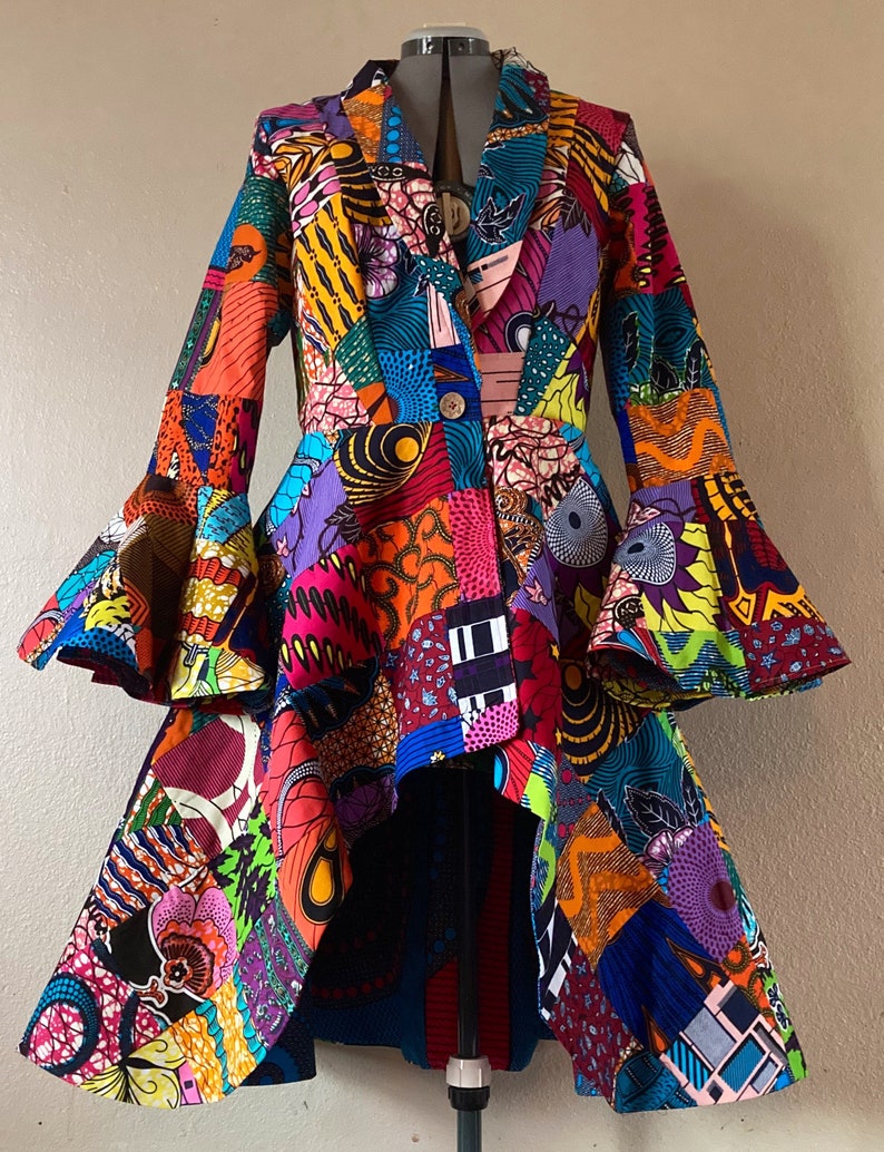 African Print Patchwork Coat Dress high low With Flare Sleeves, Pockets and Reversible Patchwork Tie Belt Fully Lined 100% Cotton image 2