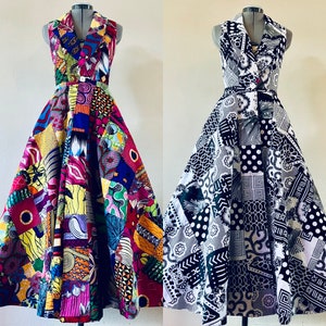 May include: Two sleeveless dresses on dress forms. One dress is a patchwork of vibrant colors and patterns, including red, yellow, and purple. The other dress is a patchwork of black, white, and gray patterns, including polka dots and geometric shapes.