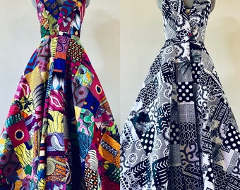 Make a Scene! Reversible African Wax Print Coat Dress Double Patchwork Black and White and Brilliant Color
