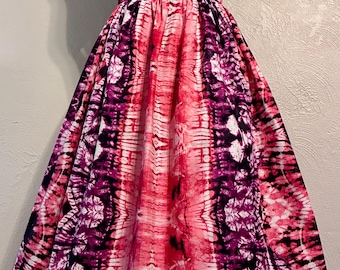 Piękna spódnica z afrykańskim nadrukiem woskowym, dopasowana i rozkloszowana, z kieszeniami, 100% bawełny, z nadrukiem tie-dye w kolorze łososiowym i fioletowym