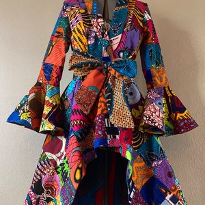 African Print Patchwork Coat Dress high low With Flare Sleeves, Pockets and Reversible Patchwork Tie Belt Fully Lined 100% Cotton image 3