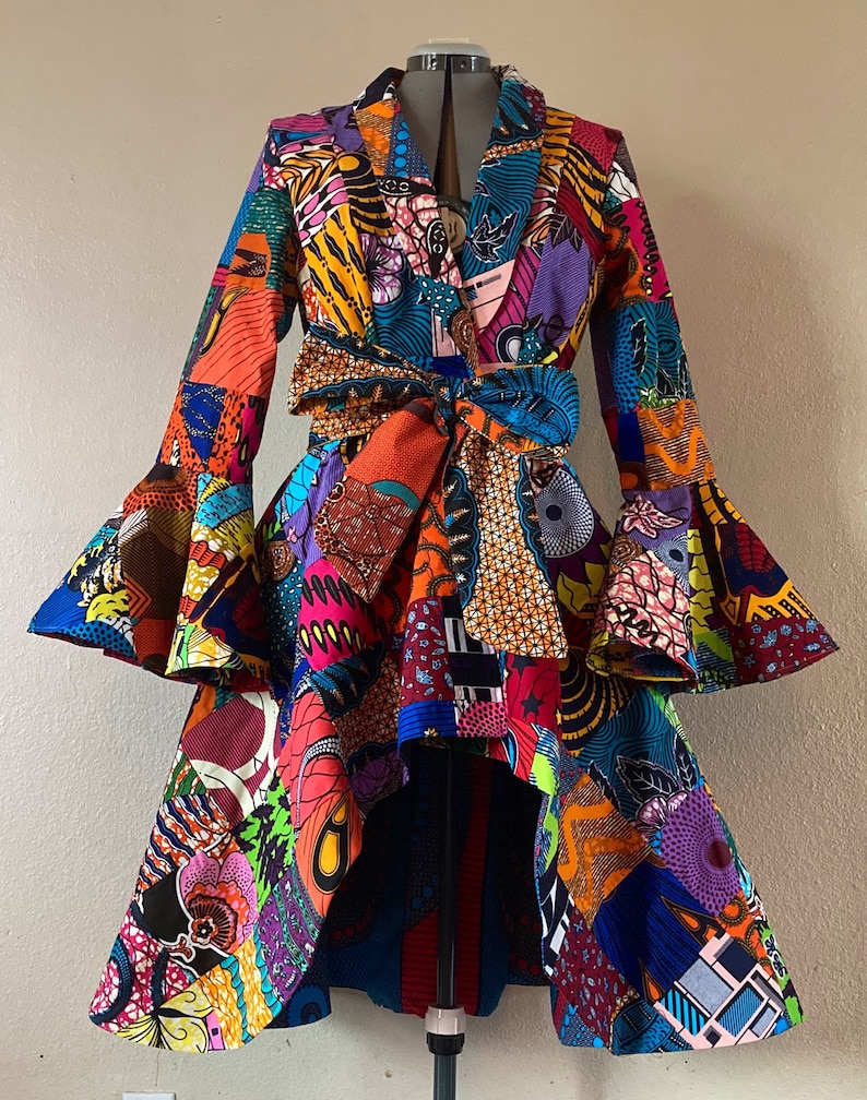 African Print Patchwork Coat Dress high low With Flare Sleeves, Pockets and Reversible Patchwork Tie Belt Fully Lined 100% Cotton image 3