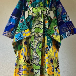 Inko African Print Handmade Patchwork Kimono Sleeve Duster With Pockets and Tie Belt 100% Cotton Genuine Patchwork