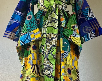 Inko African Print Handmade Patchwork Kimono Sleeve Duster With Pockets and Tie Belt 100% Cotton Genuine Patchwork