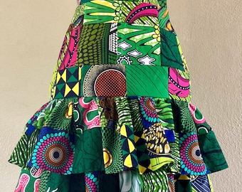 Splashy Greens African Print Patchwork Ruffled Pencil  Skirt High Waist 100% Cotton Lined