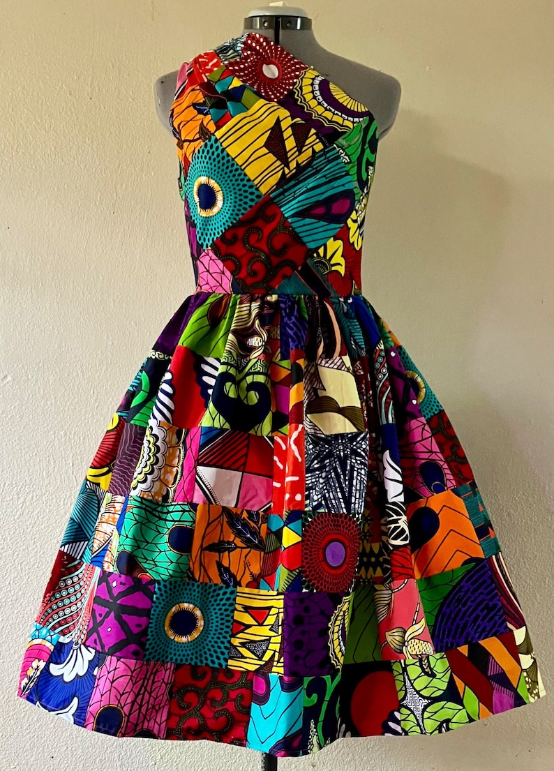 Make a Statement African Print One Shoulder Dress 100% Cotton With Side Zipper and Removable Tie Sash Handmade Unique Patchwork image 2