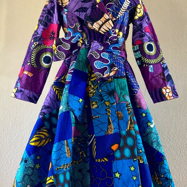 Mermaid ColorsDream Coat! African Print Handmade Patchwork Wrap Coat Dress With Pockets and Tie Belt 100% Cotton Fully Lined