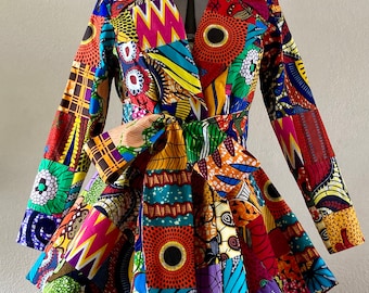 The Perfectly Smart African Print Patchwork Peplum Jacket With Pockets and Tie Belt Fully Lined 100% Cotton