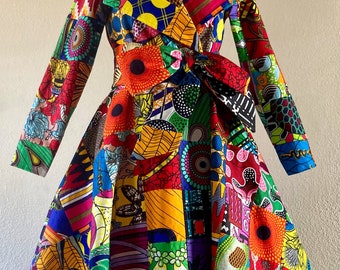 Dream Coat! African Print Handmade Patchwork Wrap Coat Dress With Pockets and Tie Belt 100% Cotton Multi Color Fully Lined Easy to wear