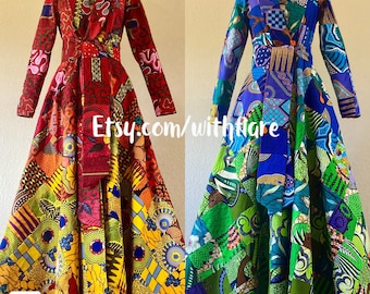 Die Elementale Doppel Patchwork Reversible African Print Mantel Kleid 100% Baumwolle Taschen und Wende Gürtel Absolut atemberaubend