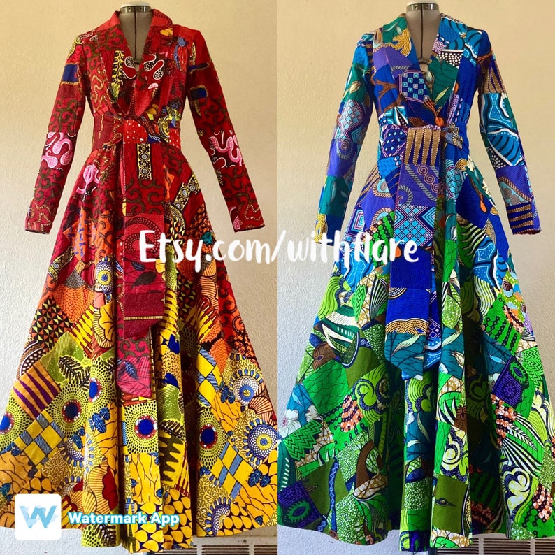 The Elemental Double Patchwork Reversible African Print Coat Dress 100% Cotton Pockets and Reversible Belt Absolutely Stunning image 1