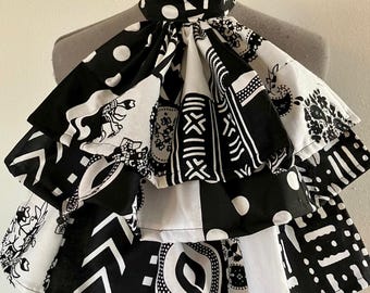 Etwas anderes Schwarz-Weiß-Afrikanischer Wax Print Patchwork Jabot Kragen Hals Stück Verstellbarer Knopf aus 100% Baumwolle