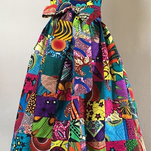 Straight Top Handmade Sleeveless Halter Patchwork African Print Maxi Dress With Pockets, Extra Long Sash 100% Cotton