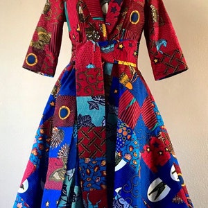 Passion for Peace Red to Blue Patchwork African Print Patchwork Coat Dress Midi Length 3/4 Sleeves With Pockets and Tie Belt Fully Lined