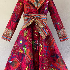 African Print Patchwork Red Coat  Dress With Pockets Fully Lined 100% Cotton