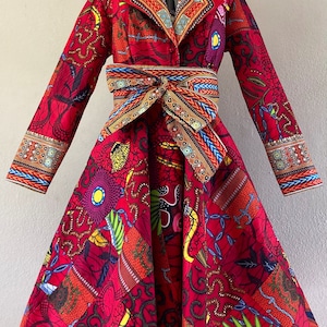 African Print Patchwork Red Coat  Dress With Pockets Fully Lined 100% Cotton